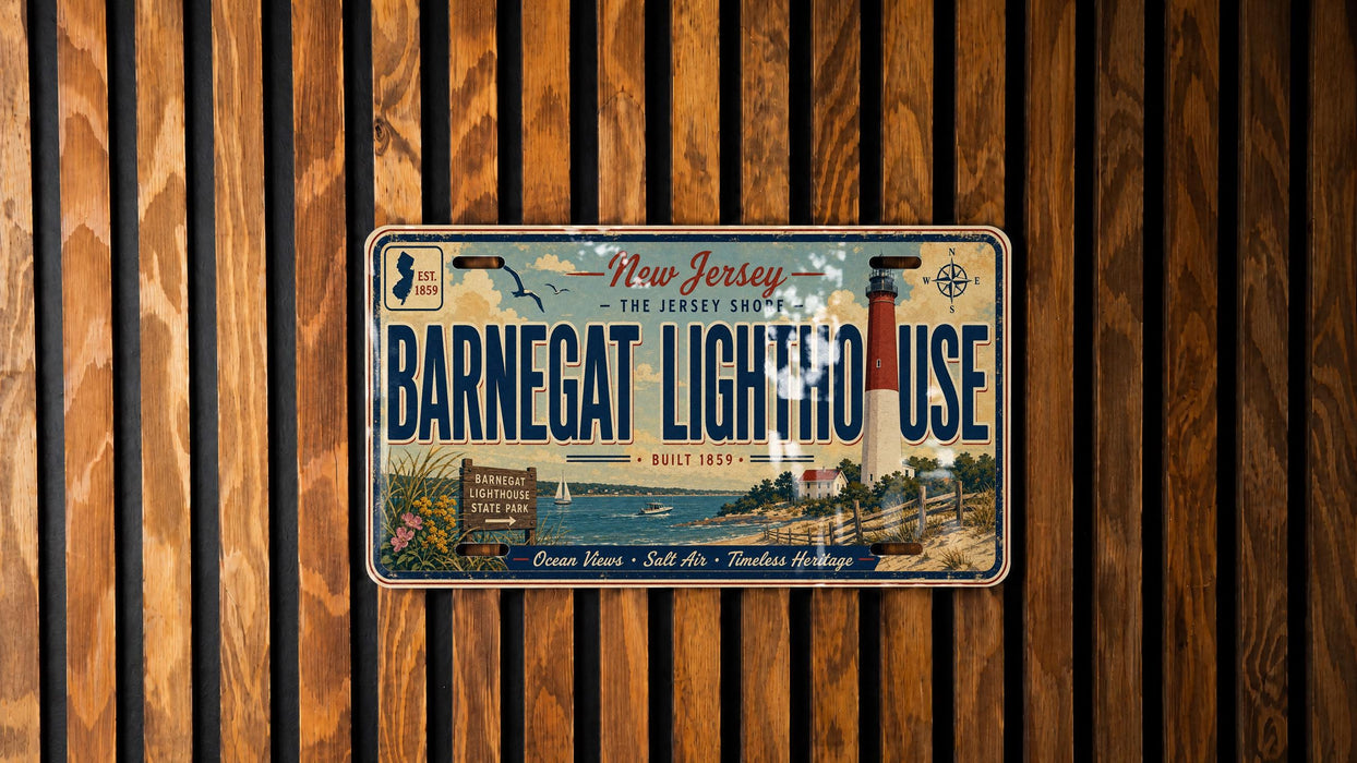 A vintage license plate from New Jersey that reads "Barnegat Lighthouse Use" and features a lighthouse image.