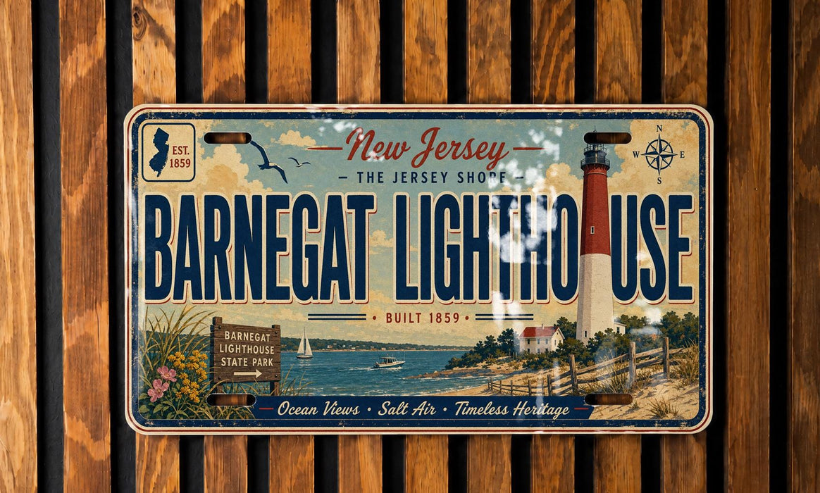 A vintage license plate from New Jersey that reads "Barnegat Lighthouse Use" and features a lighthouse image.
