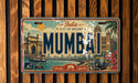 The image is a vintage license plate from India, featuring the city of Mumbai.