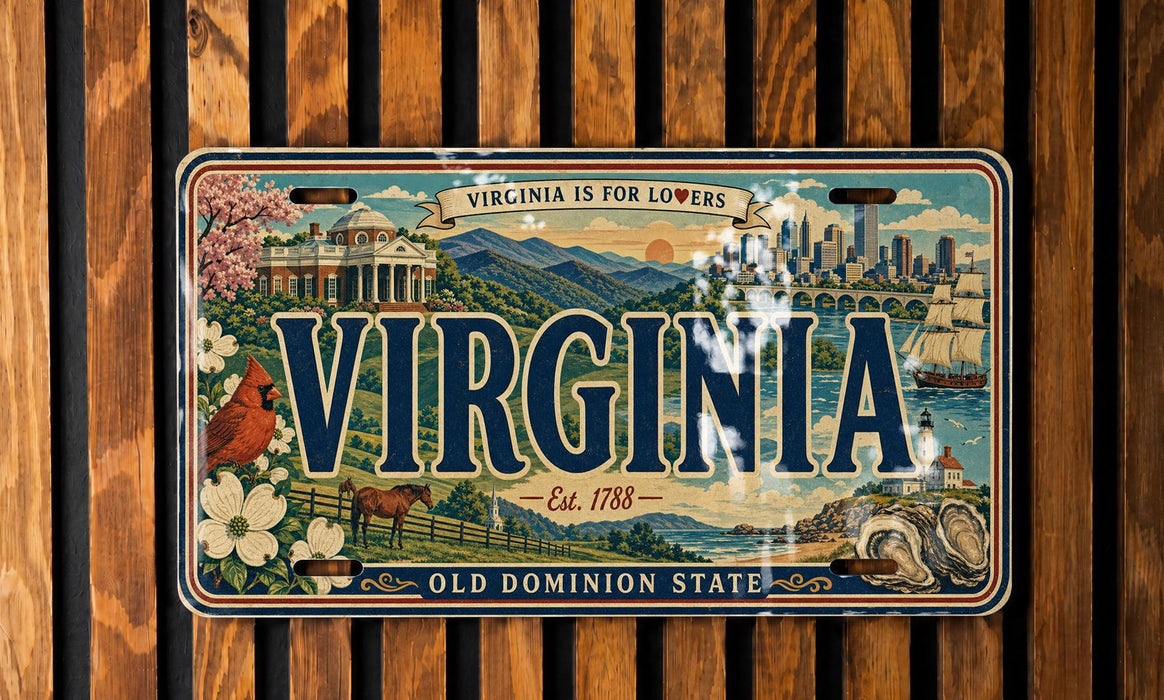 A vintage Virginia license plate with a scenic illustration of the state's landmarks and natural beauty.