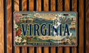 A vintage Virginia license plate with a scenic illustration of the state's landmarks and natural beauty.