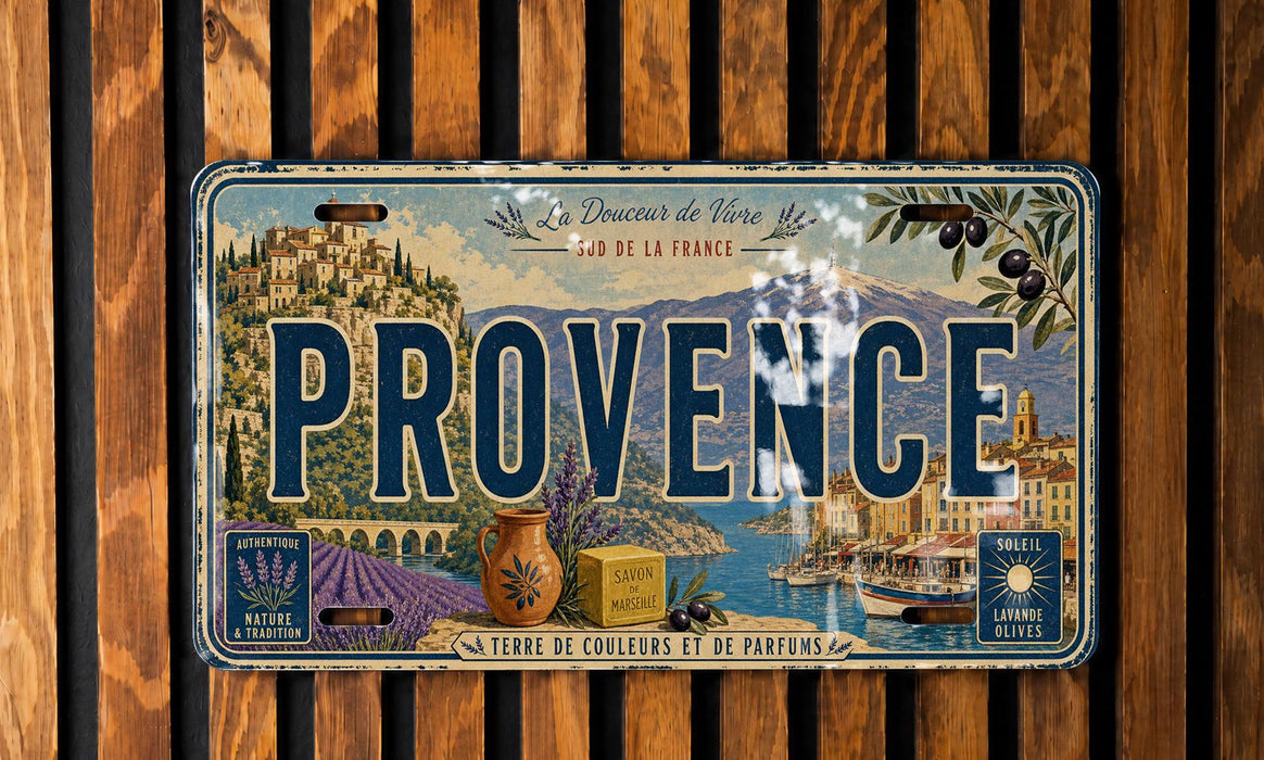 A vintage license plate from Provence, France, featuring a scenic illustration of the region's landscape and culture.