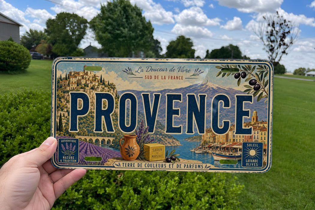 A person is holding a vintage license plate from Provence, France, which features a scenic illustration of the region.