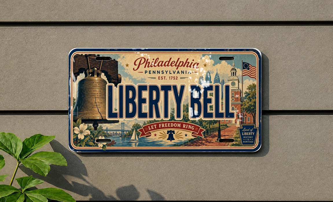 A license plate from Philadelphia, Pennsylvania, with the text "Liberty Bell" and "Let Freedom Ring" printed on it.