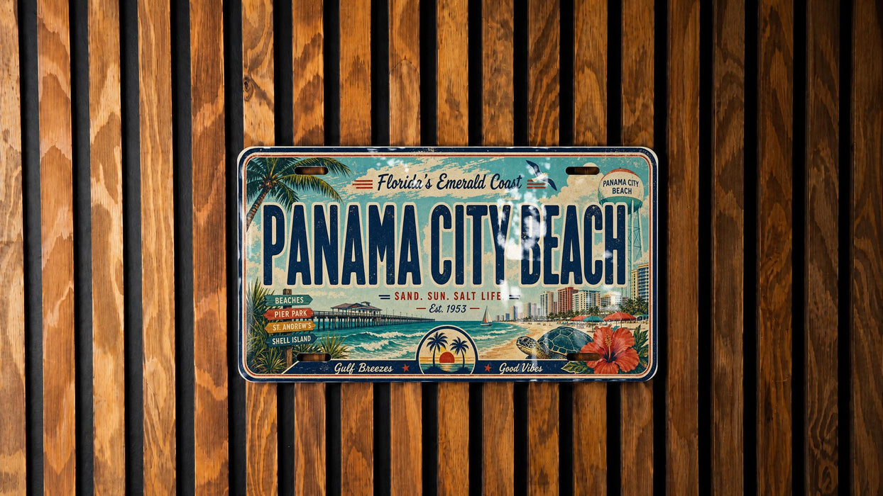 A vintage license plate from Panama City Beach, Florida, with a tropical beach scene and palm trees.