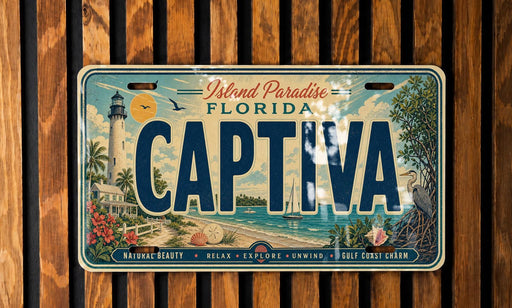A vintage license plate from Florida that reads "CAPITA" with a tropical beach scene and lighthouse in the background.