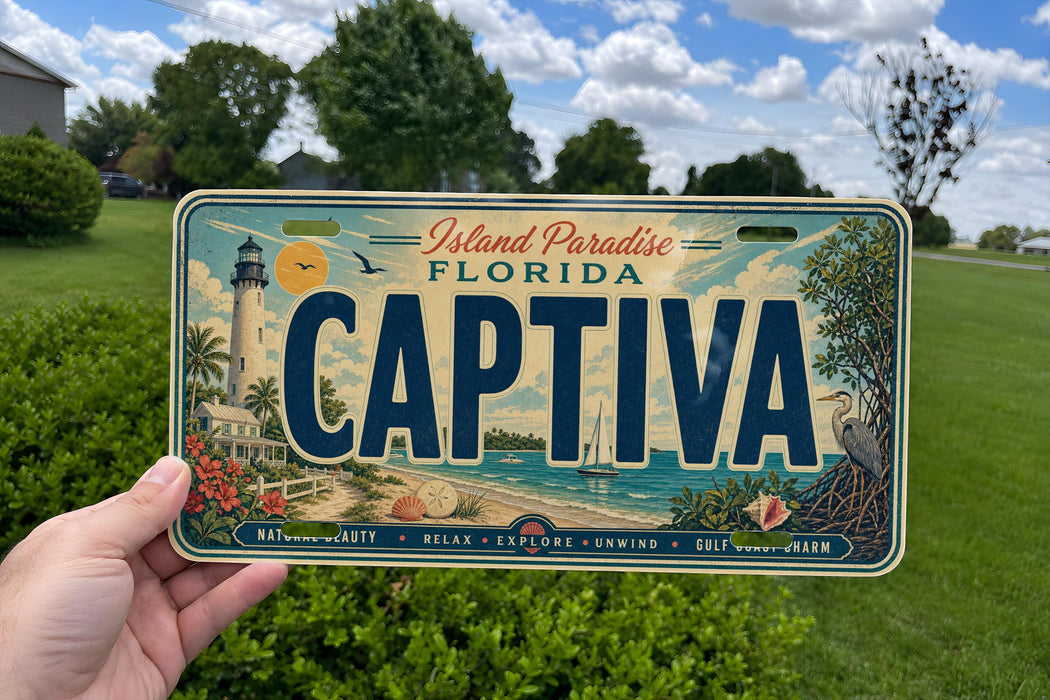 A person is holding a Florida license plate that says "CAPTIVA" in front of a scenic background featuring a lighthouse, palm trees, and a beach.
