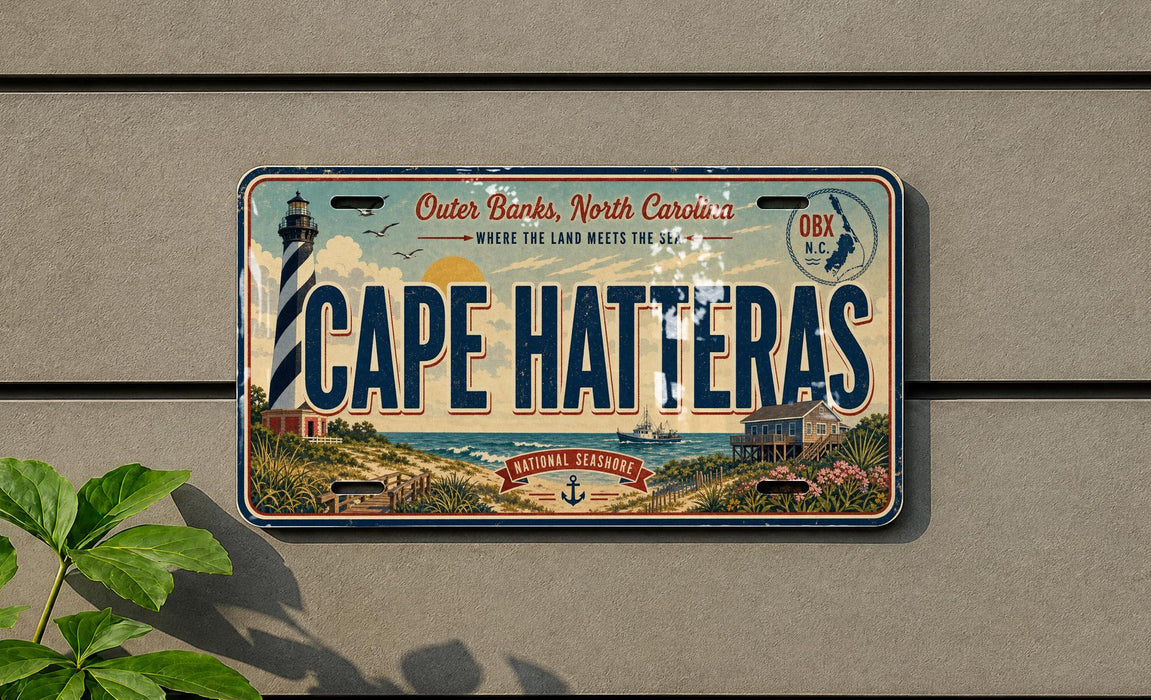 A license plate with the text "Cape Hatteras" and a lighthouse image, mounted on a wall.