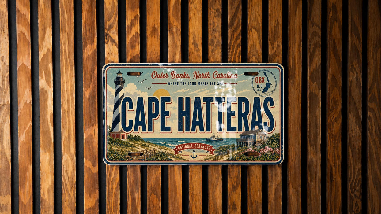 A vintage license plate from Cape Hatteras, North Carolina, with a lighthouse and coastal scenery on it, mounted on a wooden wall.