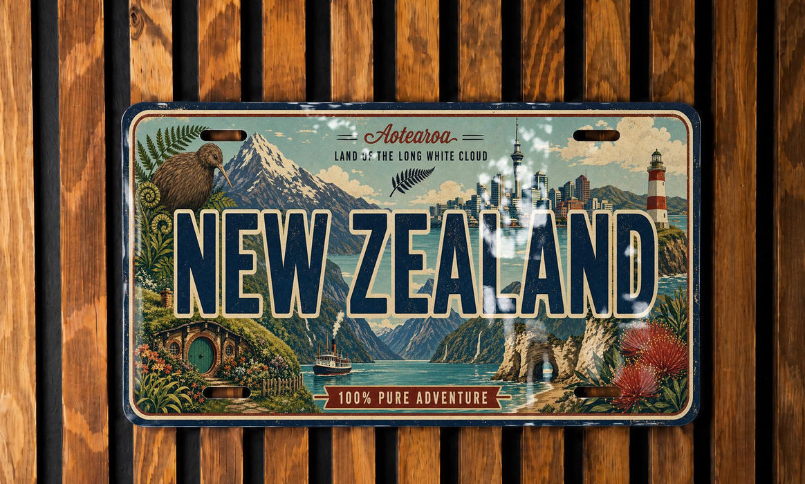 A vintage license plate from New Zealand, featuring a scenic landscape with mountains, a lighthouse, and a small boat.