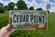 A person is holding a license plate that features an illustration of Cedar Point, an amusement park located in Sandusky, Ohio.