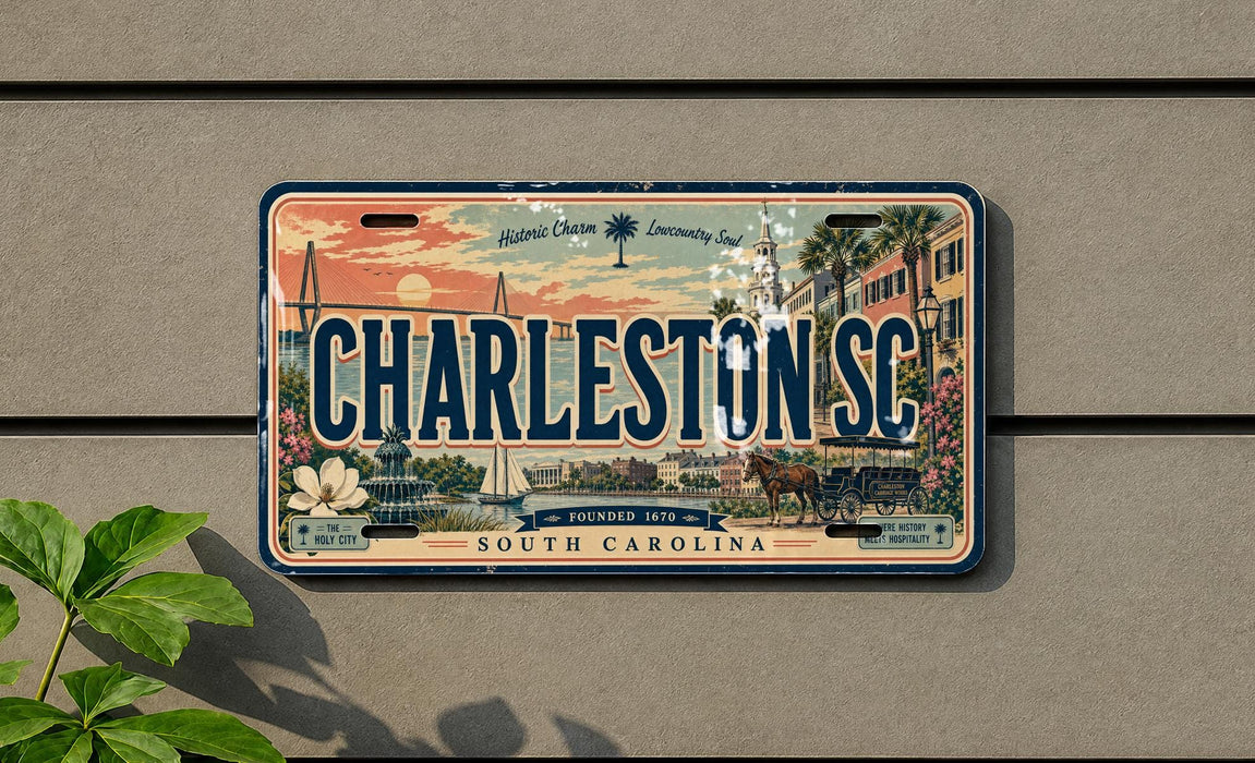 A license plate from Charleston, South Carolina, with a vintage design depicting the city's landmarks and scenery.