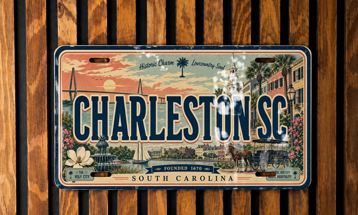 A license plate from Charleston, South Carolina, featuring a vintage design with a cityscape, palm trees, and a horse-drawn carriage.