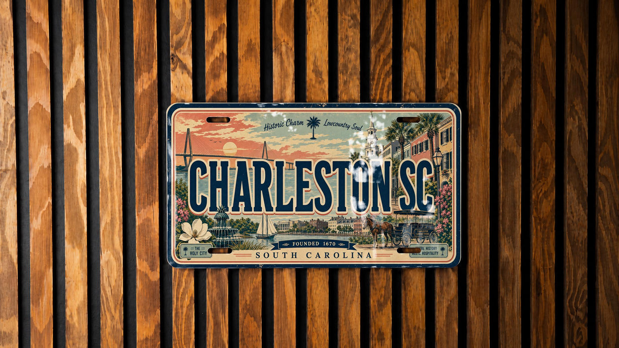 A license plate from Charleston, South Carolina, with a vintage design and a scenic background.