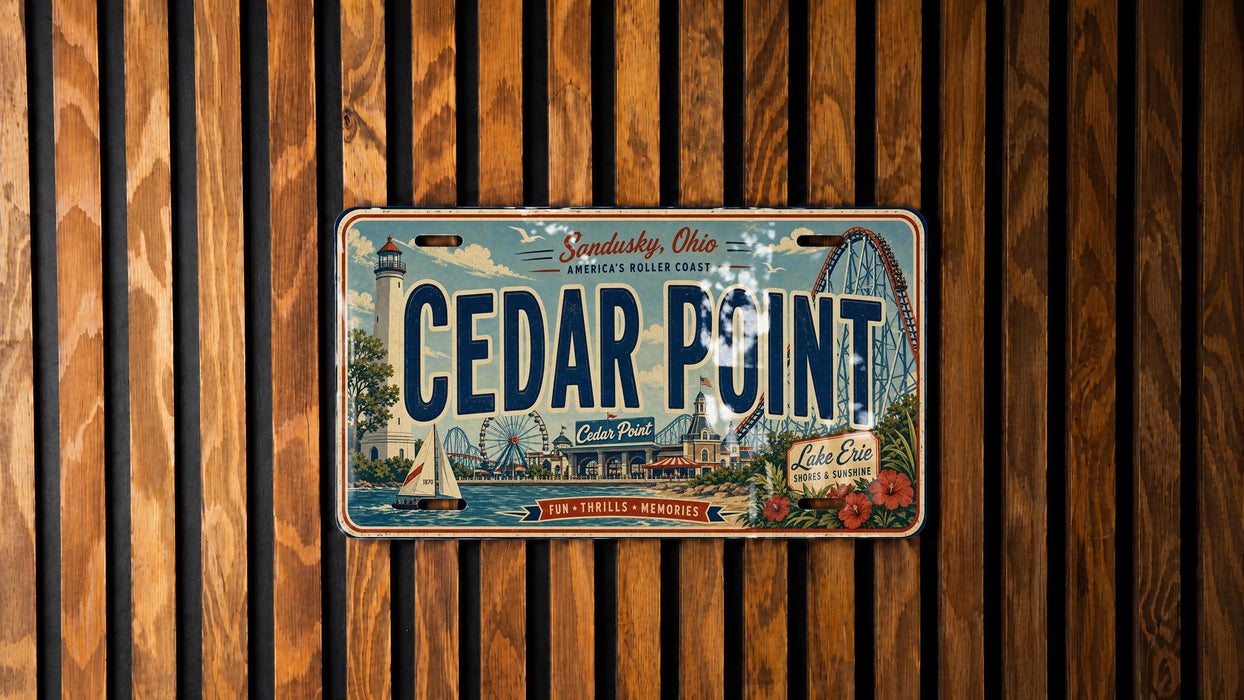 A license plate with the text "Cedar Point" and an illustration of Cedar Point amusement park, which is located in Seduction, Ohio, USA.
