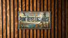 A vintage-style license plate for Point Reyes Lighthouse, a historic lighthouse located in Marin County, California.