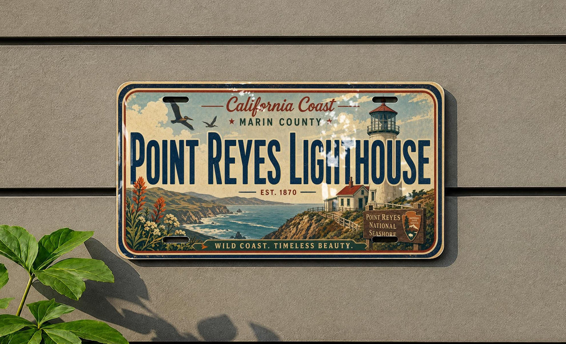 A vintage California license plate for Point Reyes Lighthouse, featuring a lighthouse and coastal scenery.
