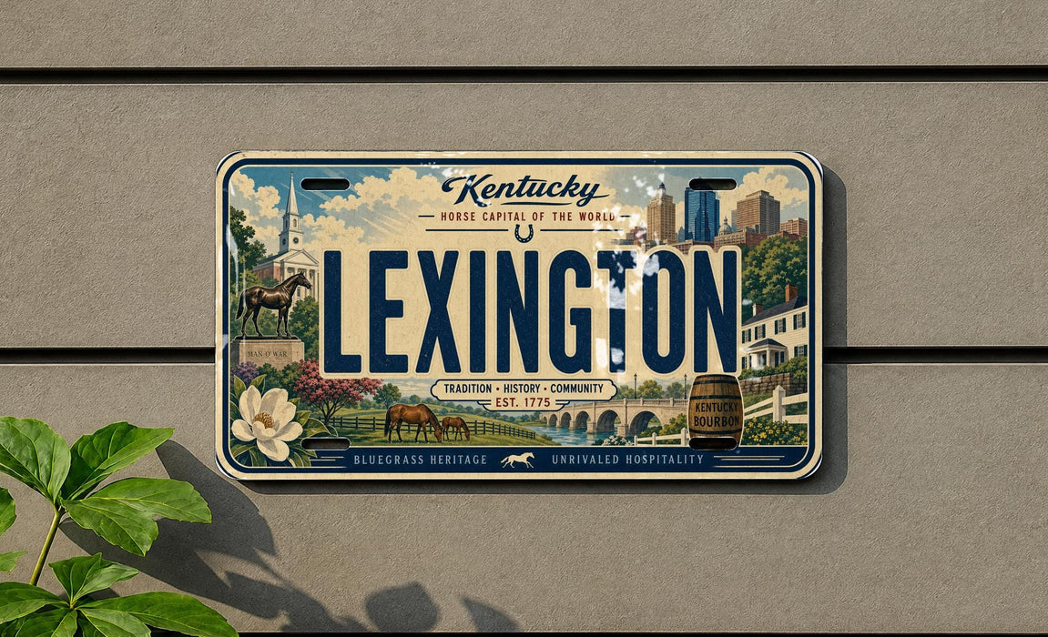 A decorative license plate from Kentucky, featuring an illustration of a horse, buildings, and a horse-drawn carriage, mounted on a wall.