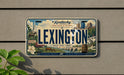A decorative license plate from Kentucky, featuring an illustration of a horse, buildings, and a horse-drawn carriage, mounted on a wall.