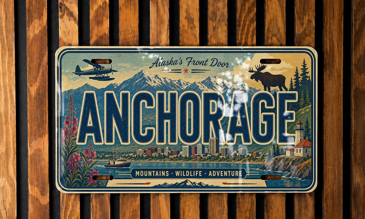 A vintage license plate from Alaska featuring a scenic mountain landscape, a moose, and a plane.