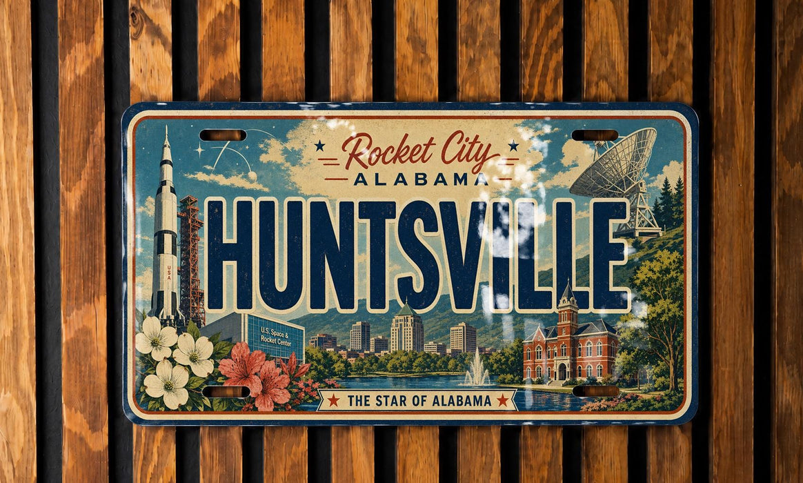 A vintage license plate from Alabama that reads "HUNTSVILLE" with a cityscape and rocket launch in the background.