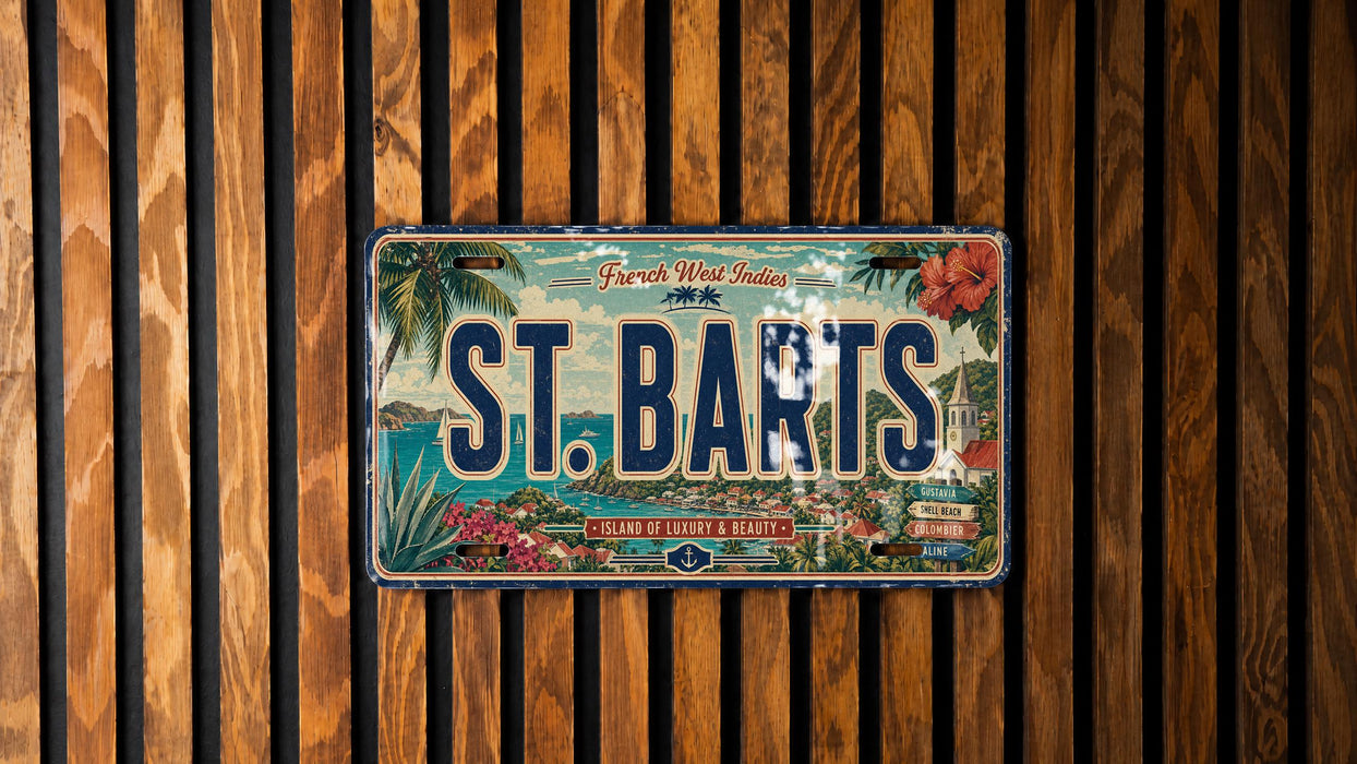 A vintage-style license plate with the text "ST. BARTS" is displayed on a wooden wall.