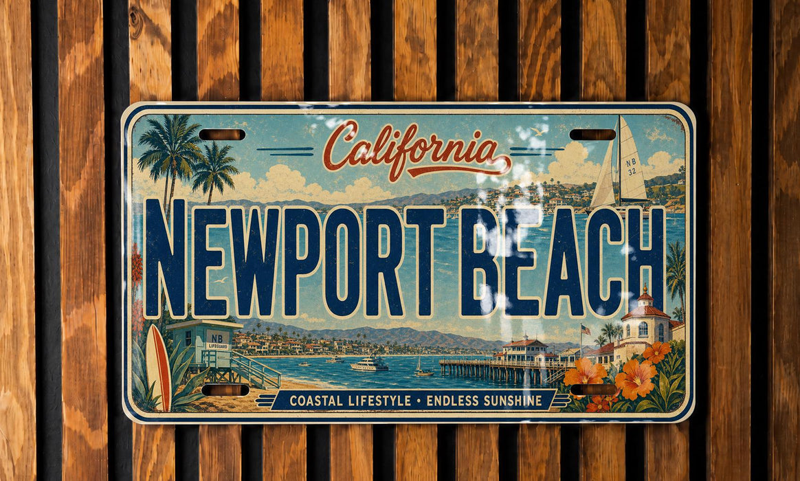 A vintage California license plate with the text "NEWPORT BEACH" and a coastal lifestyle illustration, hanging on a wooden wall.