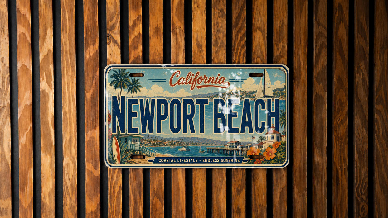 A vintage California license plate with the text "Newport Beach" is displayed on a wooden wall.