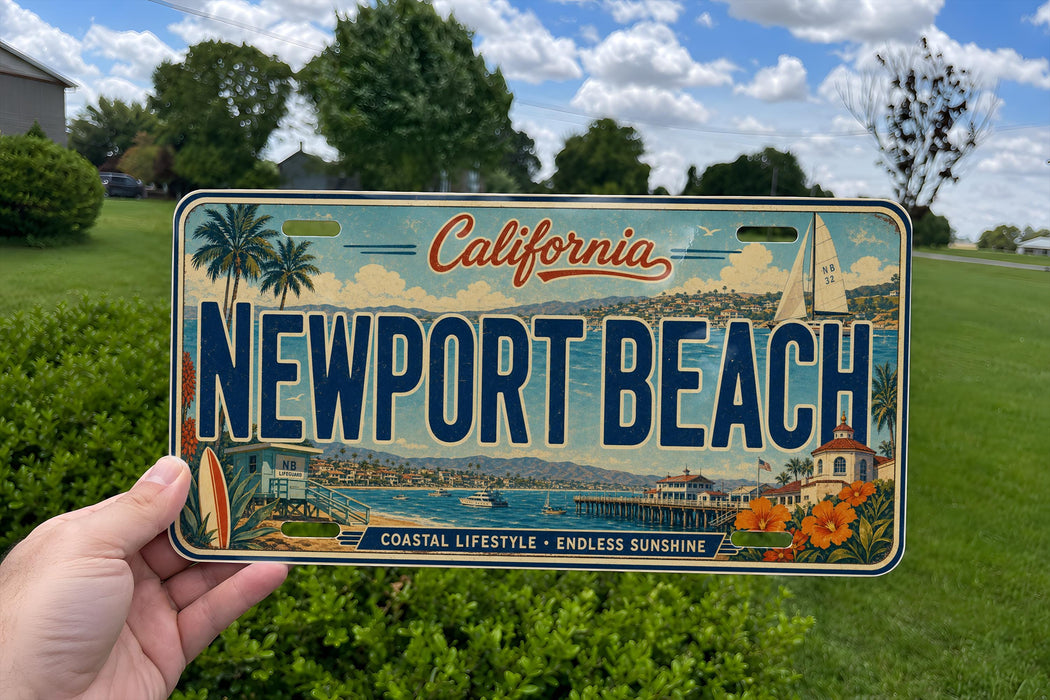 A person is holding a California license plate that says "Newport Beach" with a scenic illustration of the beach and surrounding landscape.