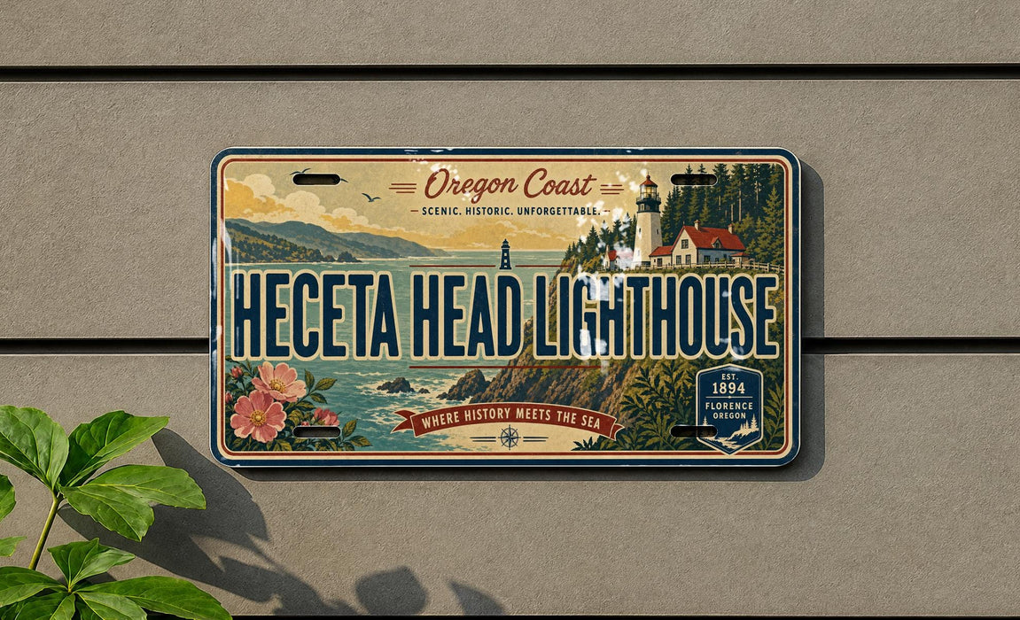 A vintage license plate with the text "Oregon Coast" and "Heceta Head Lighthouse" is displayed on a wall.
