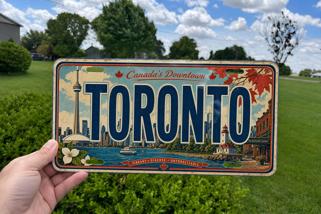A person is holding a Toronto license plate in front of a scenic background featuring the iconic CN Tower and the Toronto skyline.