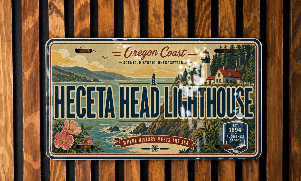 A vintage license plate from Oregon, featuring a lighthouse and coastal scenery.
