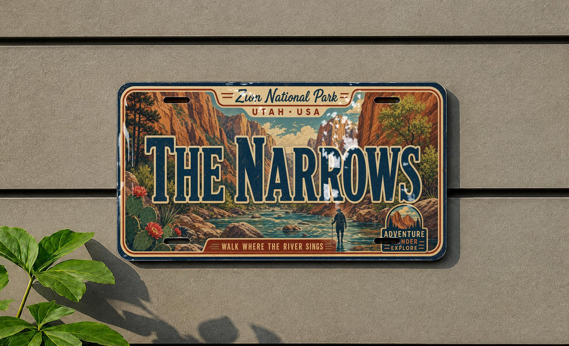 A vintage license plate with a scenic mountain landscape and the text "The Narrows" is displayed on a wall.