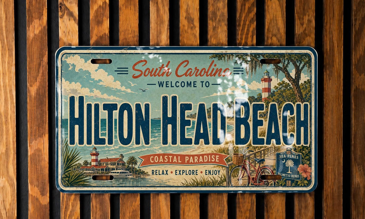 A vintage license plate with a coastal theme, featuring a lighthouse, palm trees, and a beach scene. The plate is mounted on a wooden wall.
