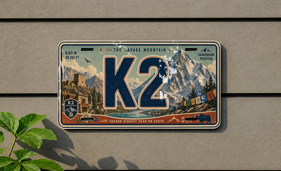 A license plate with the word "K2" prominently displayed, featuring a mountain landscape and other scenic elements.