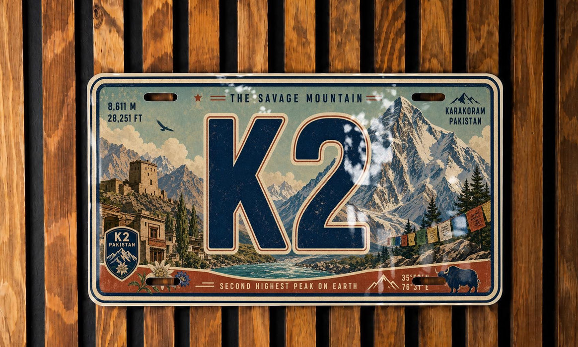 A vintage-style license plate with a mountain landscape and the text "K2" prominently displayed.