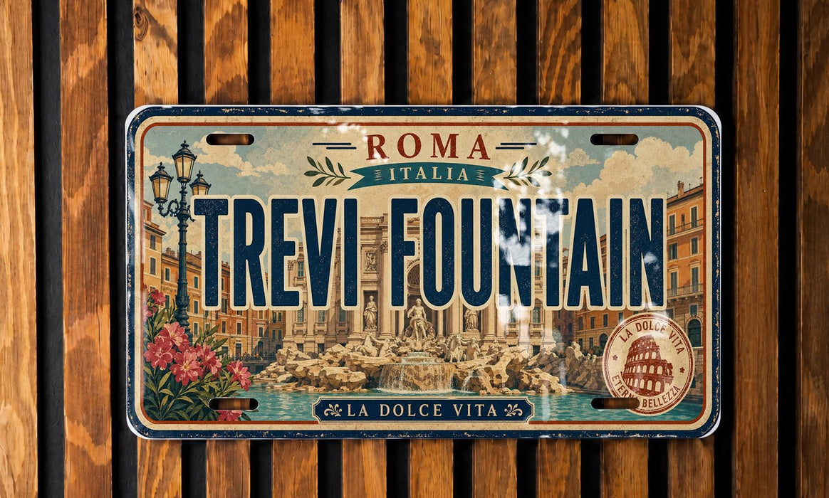 A vintage license plate from Italy with the text "TREVI FOUNTAIN" and a decorative image of the Trevi Fountain.