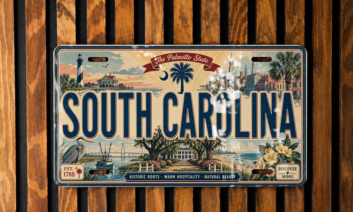 A decorative license plate from South Carolina, featuring a coastal scene with palm trees, a lighthouse, and other landmarks.