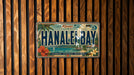 A vintage license plate from Hawaii, with the text "Kauai Hanaal Bay" printed on it, is displayed on a wooden wall.