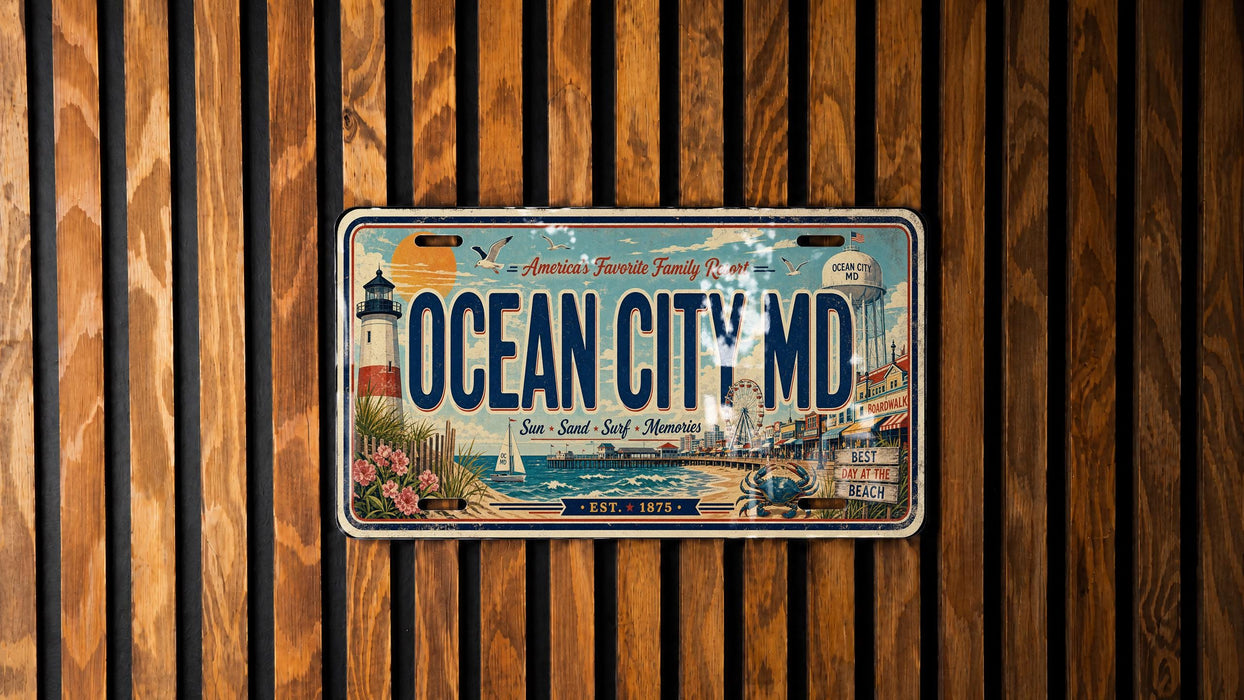A license plate with the text "OCEAN CITY MD" and a lighthouse illustration is displayed on a wooden wall.