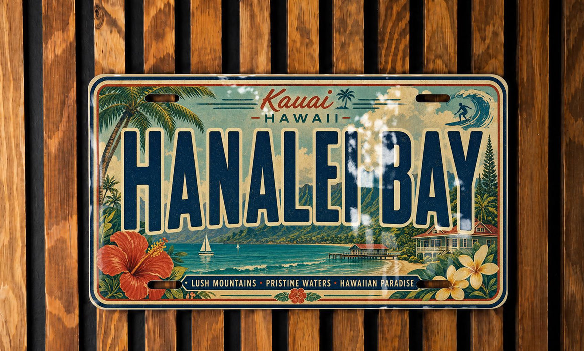 A vintage license plate from Hawaii, featuring the text "HANALEIBAN" and a tropical landscape with palm trees, flowers, and a surfer.