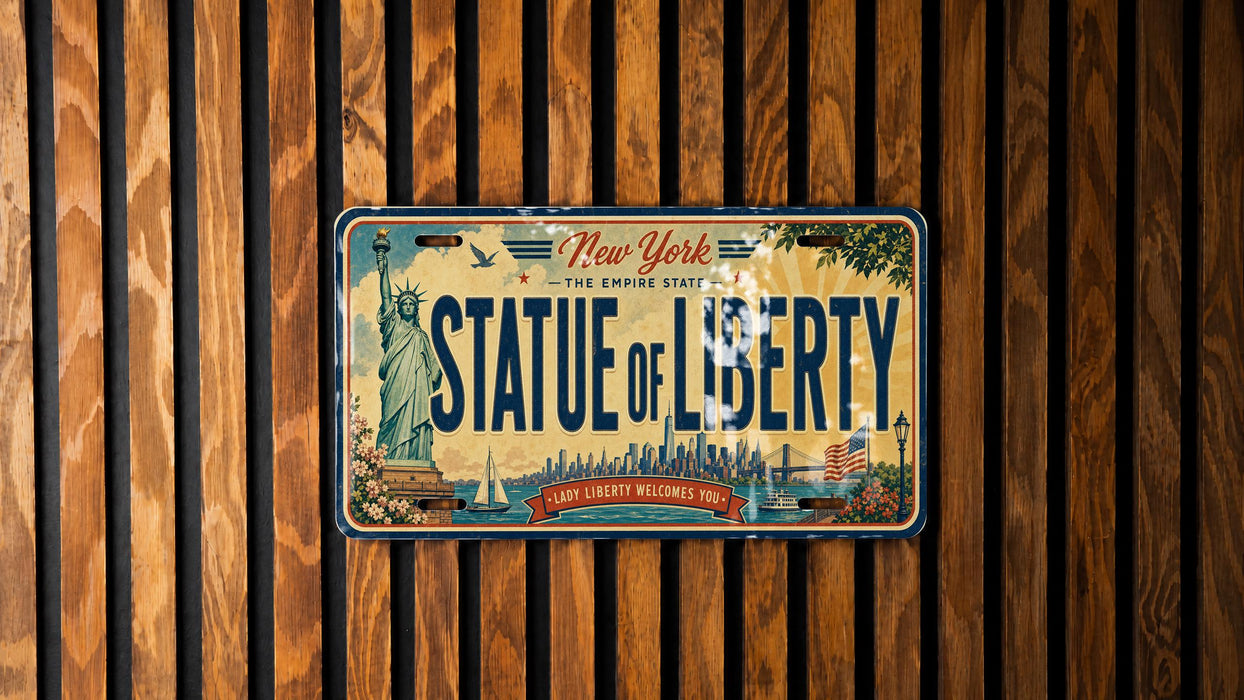 A vintage license plate with the text "New York Statue of Liberty" is displayed against a wooden background.