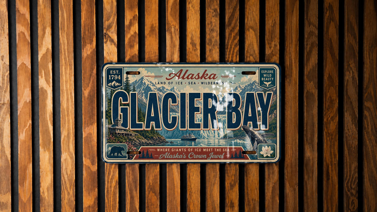 A vintage license plate from Alaska, with the text "Glacier Bay" prominently displayed.