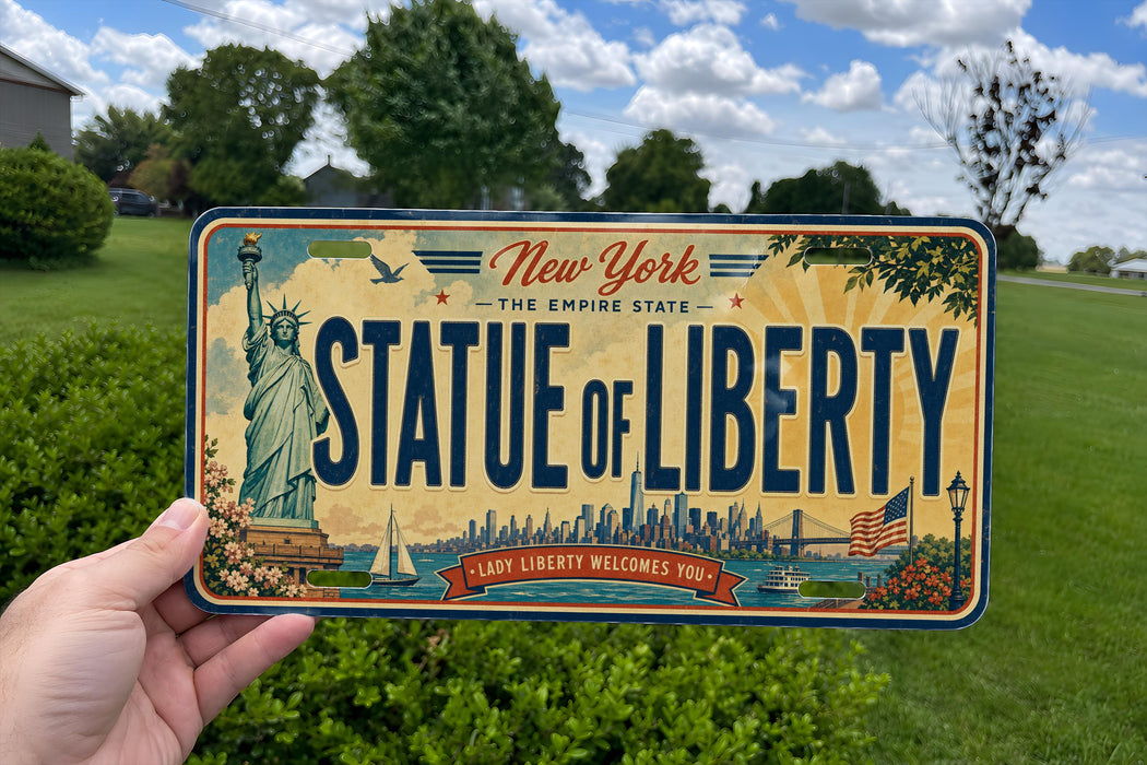 A person is holding a New York license plate that says "STATUE OF LIBERTY" with a cityscape and the Statue of Liberty in the background.