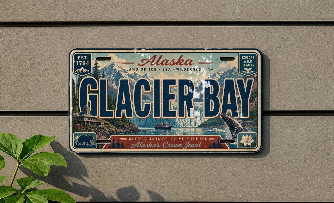 A vintage Alaska license plate with the text "Glacier Bay" and a scenic image of the bay with mountains in the background.
