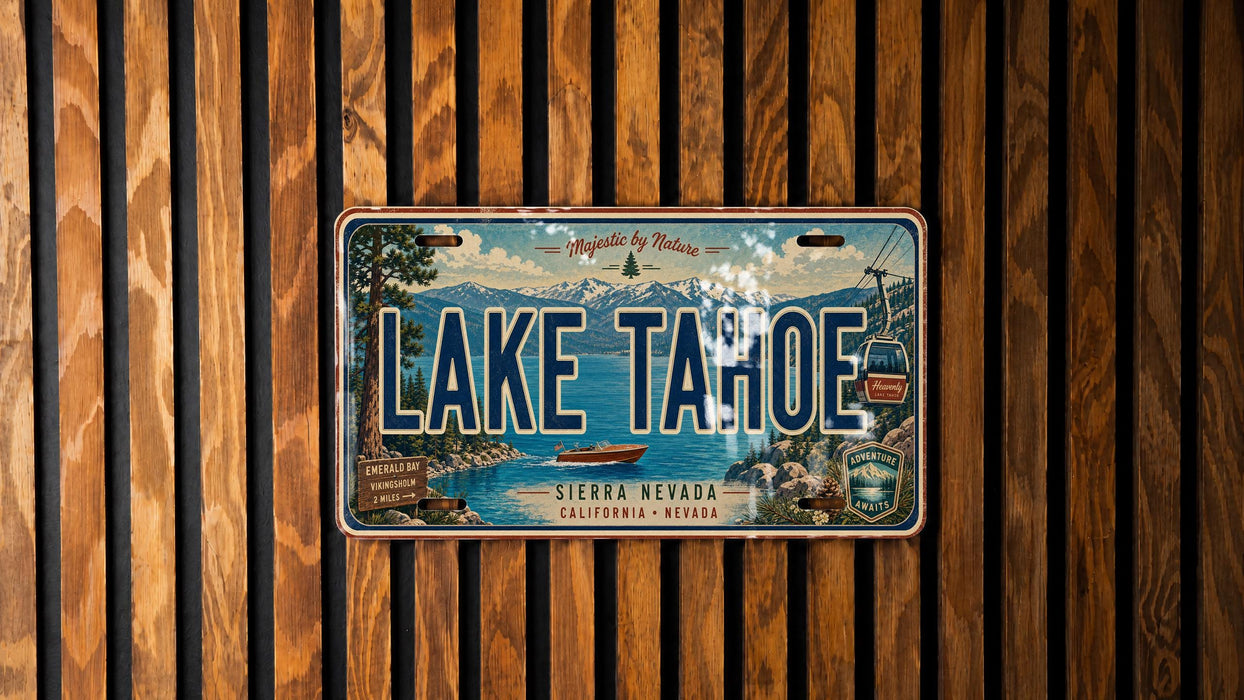 A vintage license plate from Lake Tahoe, California, Nevada, featuring a scenic image of the lake and mountains.