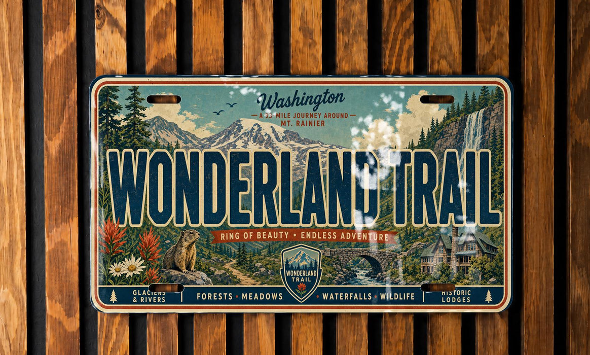A vintage-style license plate with a mountain landscape and the text "Wonderland Trail" prominently displayed.