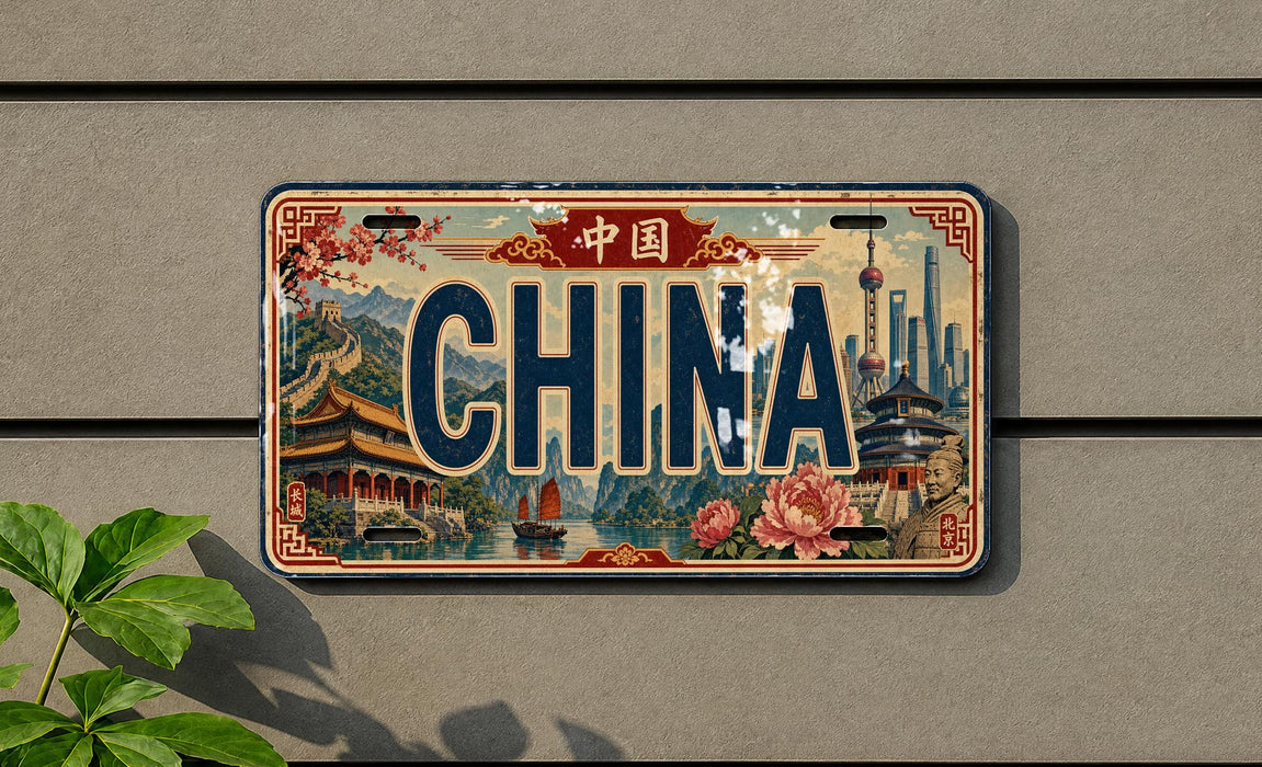 A decorative license plate with the word "CHINA" prominently displayed, featuring a scenic illustration of traditional Chinese architecture and landmarks.