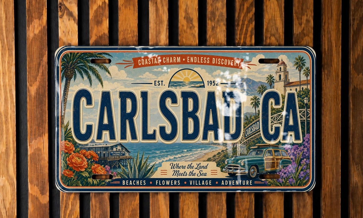 A vintage license plate from Carl's bad, featuring a coastal theme with palm trees, a beach, and a vintage car.