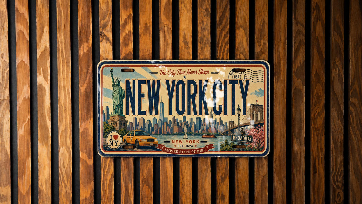 A vintage New York City license plate is displayed on a wooden wall.